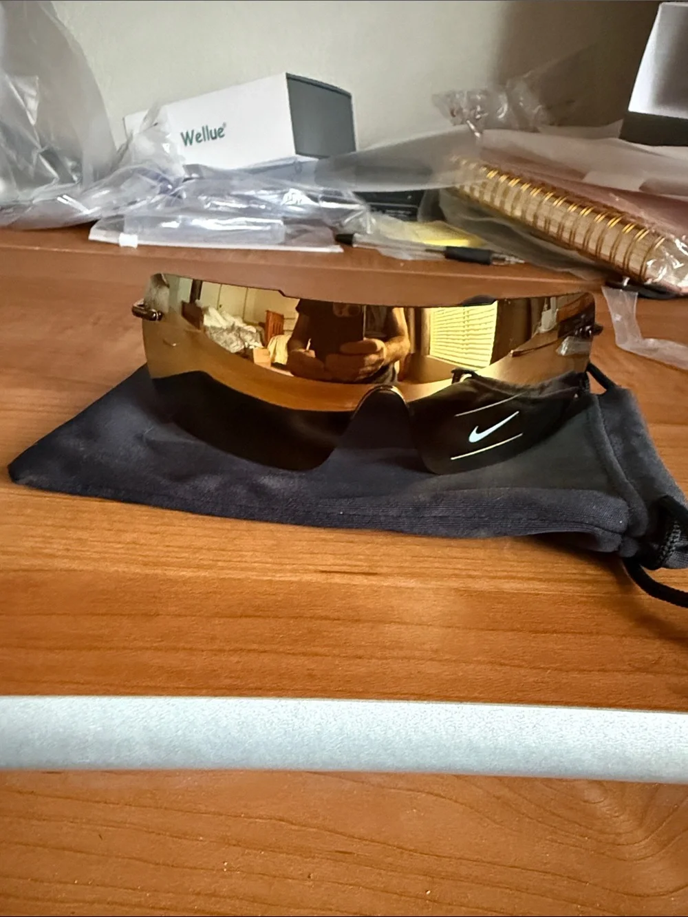 Nike Gold mirror meridian Shield Sunglasses with Blue Temples